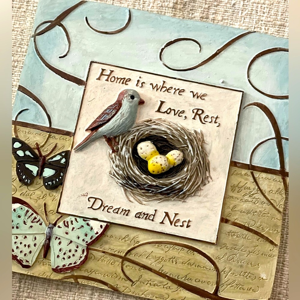 5 x 5” Clay Sign Birds Nests Butterflies Plaque Wall Bathroom Decor NWOT